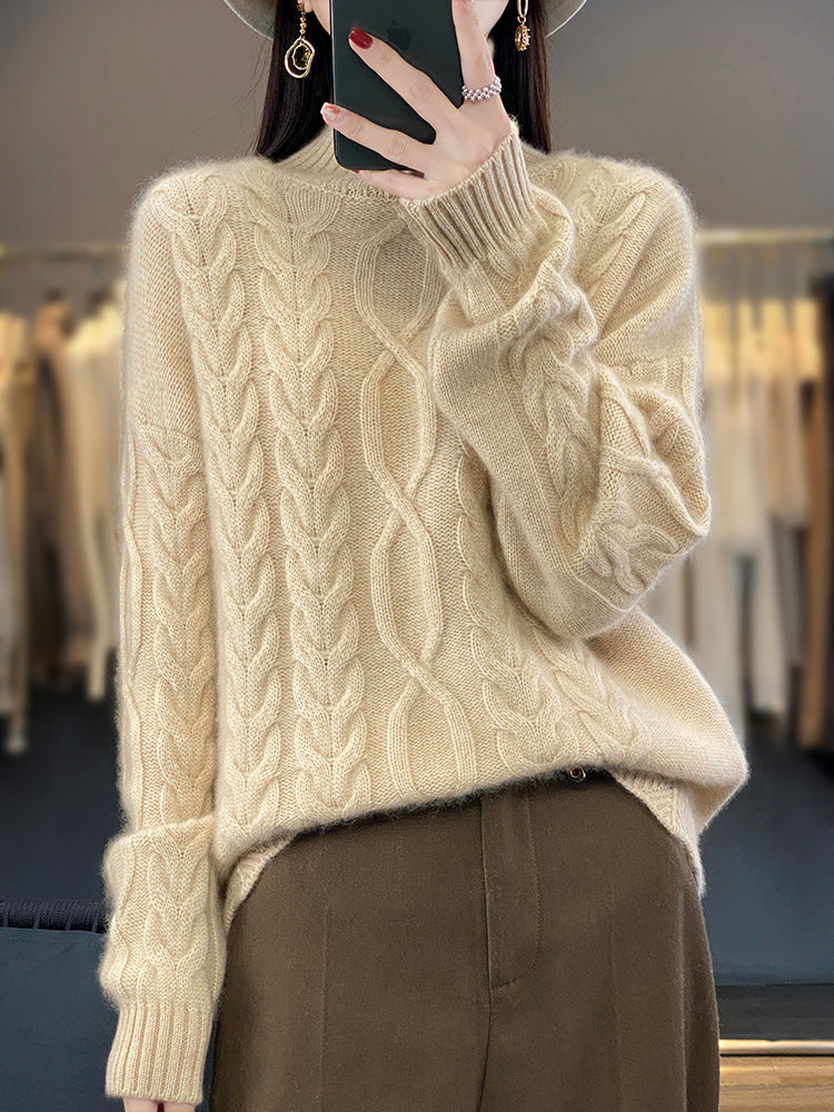 Damen Zopfstrick Pullover in Naturbeige mit Rundhalsausschnitt und Rippbündchen