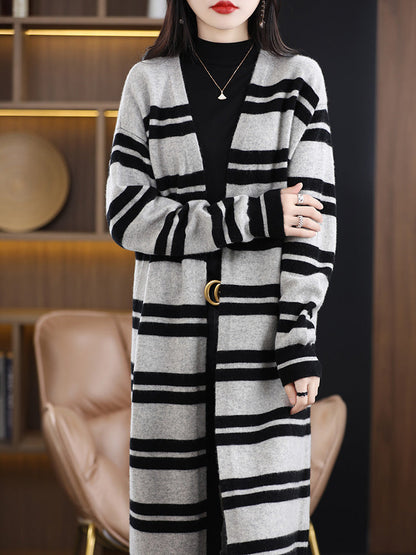 Damen Langer Strick-Cardigan mit Streifen oder Zopfmuster