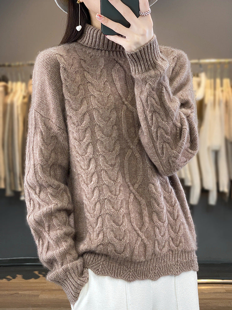 Damen Zopfstrick Pullover in Naturbeige mit Rundhalsausschnitt und Rippbündchen