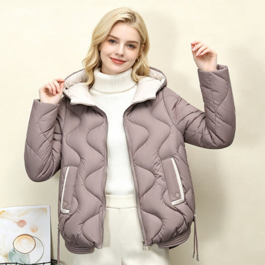 Damen Steppjacke mit Kapuze, kurzer Schnitt, Wellenmuster, Reißverschluss