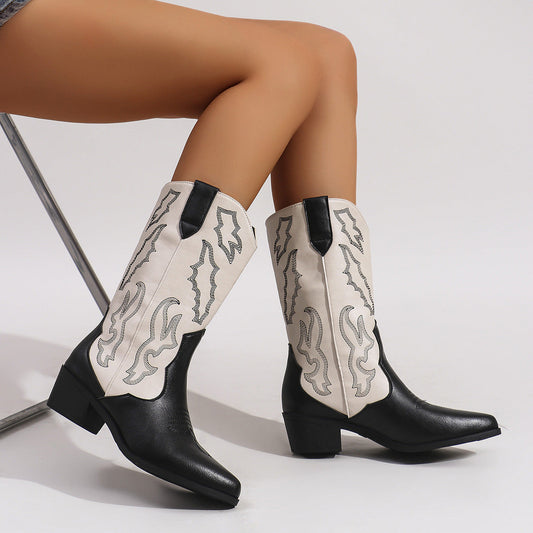 Damen Westernstiefel mit Stickerei, Hohe Cowboystiefel in Schwarz-Weiß oder Hellbraun-Beige