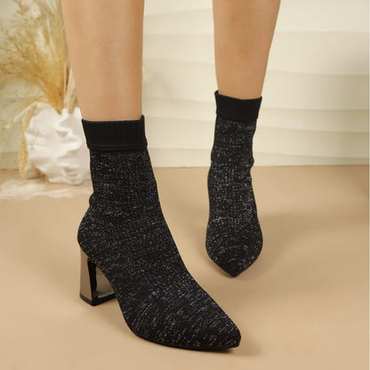 Damen Strickstiefeletten Spitzer Zeh Blockabsatz Glitzerndes Garn Socken Stiefeletten