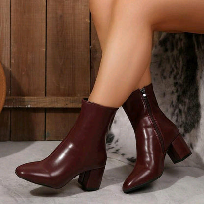 Damen Stiefelette mit Blockabsatz, Reißverschluss und spitzer Kappe