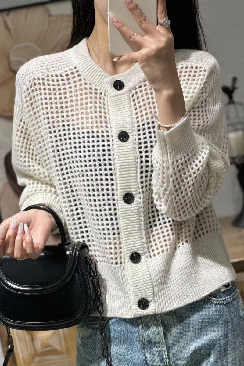 Damen Strick-Cardigan mit Lochmuster und Knopfleiste