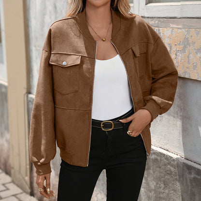 Damen Bomberjacke Braun mit Reißverschluss und Pattentaschen