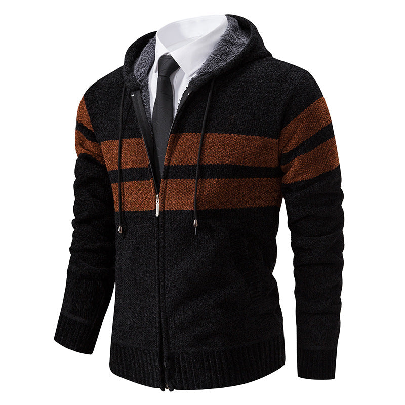 Herren Strickjacke mit Kapuze, Reißverschluss und Streifen, gefütterter Kapuzenpullover