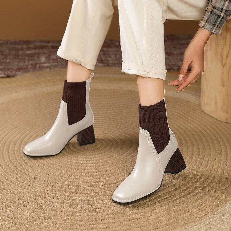 Damen Stiefelette mit Blockabsatz und Strickeinsatz in Braun