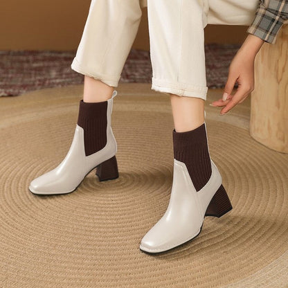 Damen Stiefelette mit Blockabsatz und Strickeinsatz in Braun