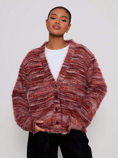Damen Flauschiger Strick Cardigan mit V-Ausschnitt und Knopfleiste