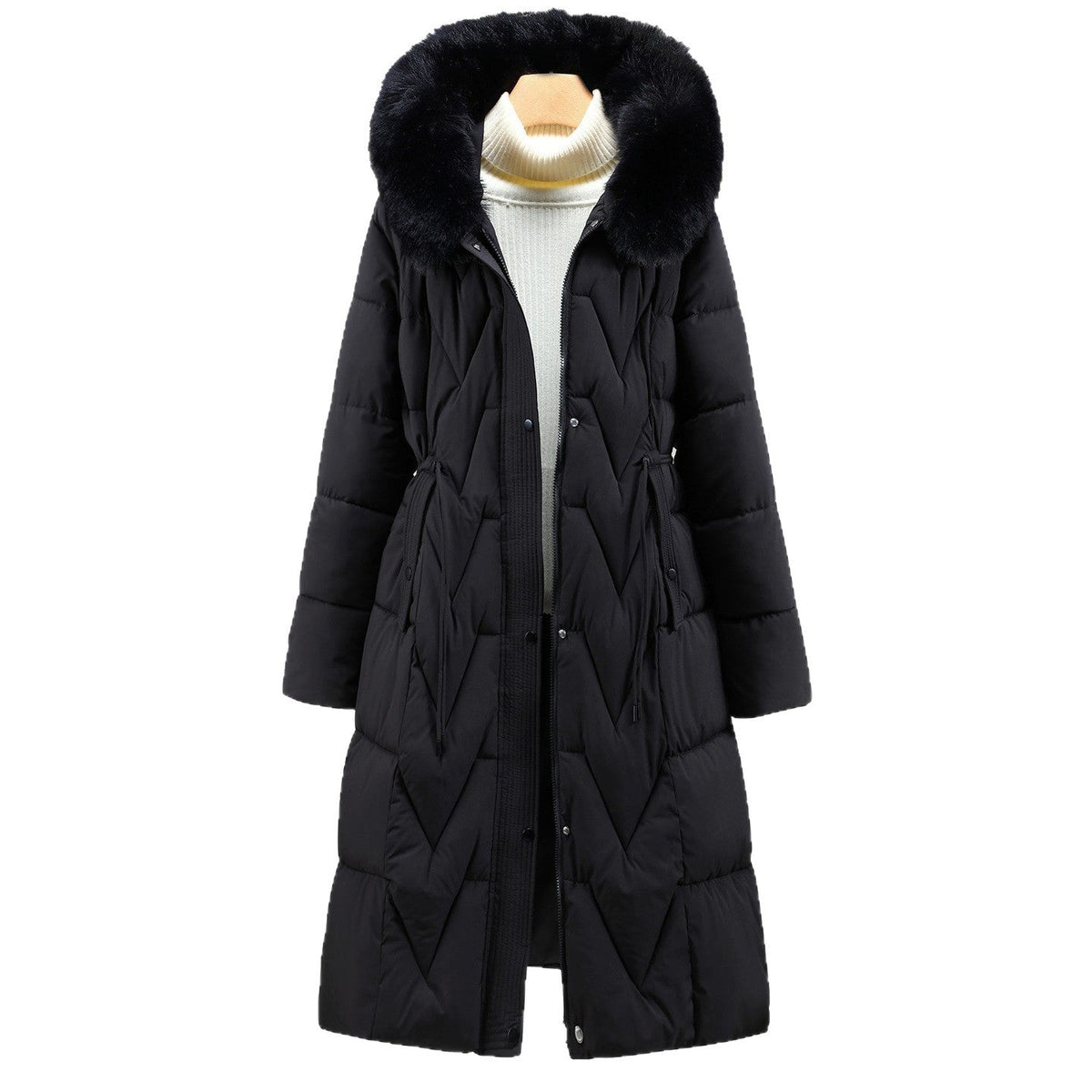 Damen Winter Steppmantel Lang mit Kapuze und Fellkragen Schwarz