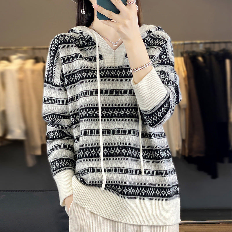 Strick Pullover mit Kapuze und Norwegermuster, Orange-Weiß oder Schwarz-Weiß