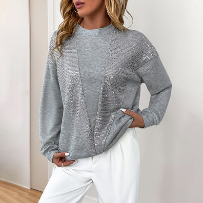 Damen Sweatshirt Grau mit Pailletten Verzierung Rundhalsausschnitt Langarm