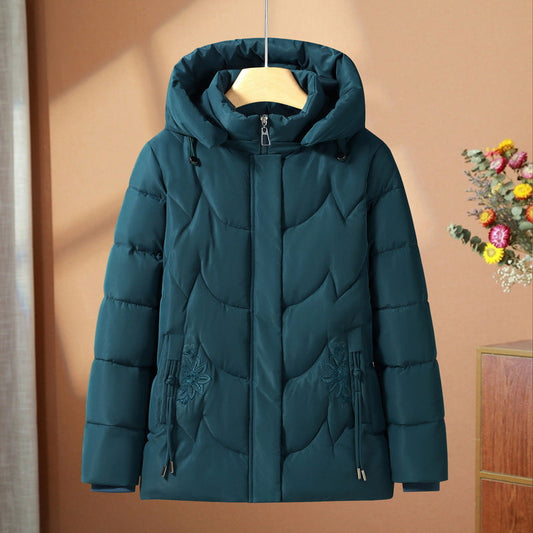 Damen Steppjacke mit Kapuze und Blumenstickerei, winddicht