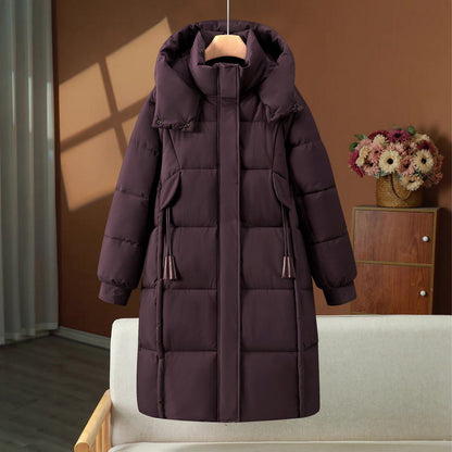 Damen Langer Winter Steppmantel mit Kapuze und Reißverschluss