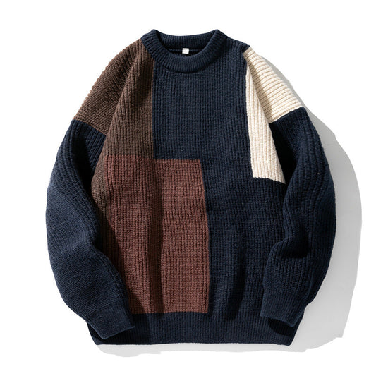 Strickpullover Herren Patchwork Blockfarben Rundhals Grobstrick