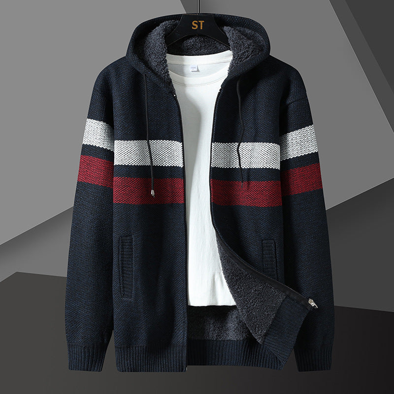 Herren Strickjacke mit Kapuze & Reißverschluss, gefüttert, gestreift