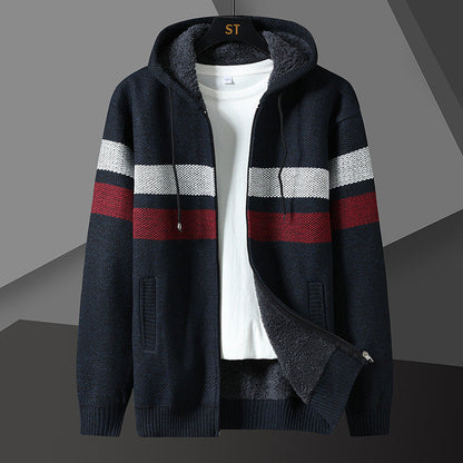 Herren Strickjacke mit Kapuze & Reißverschluss, gefüttert, gestreift