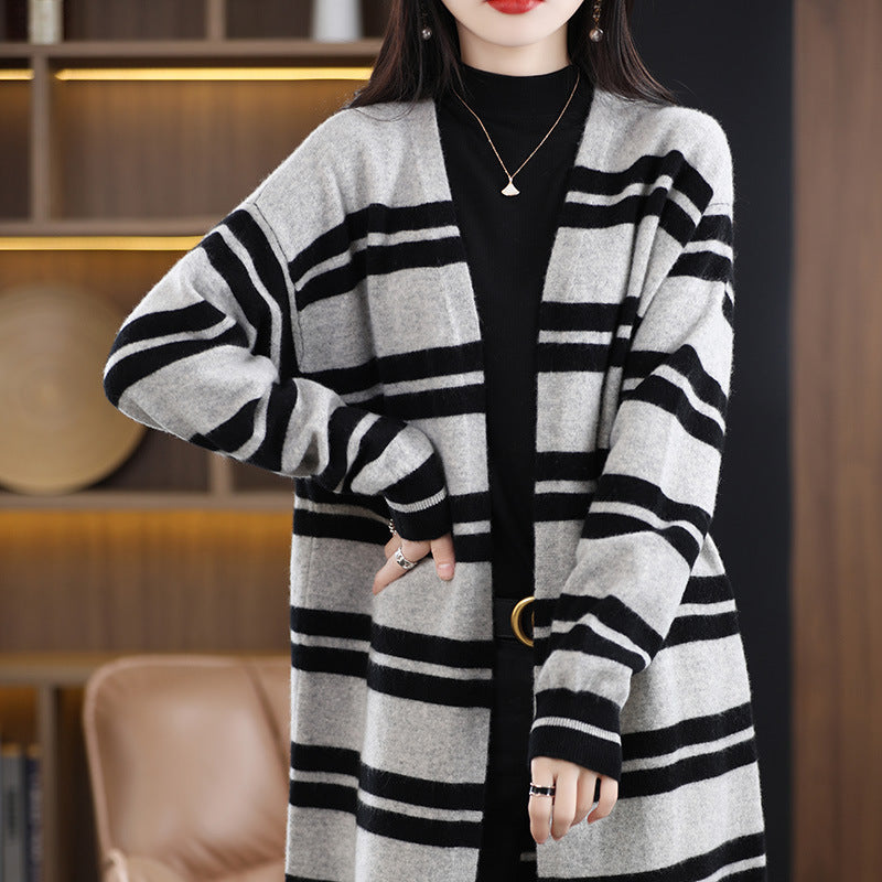 Damen Langer Strick-Cardigan mit Streifen oder Zopfmuster