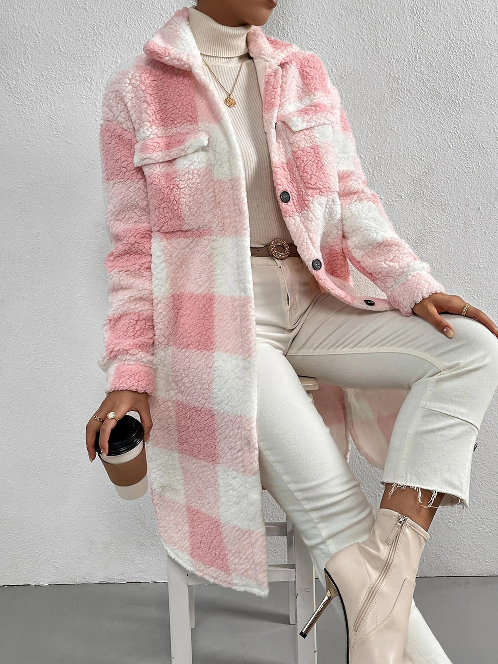 Damen Karierter Teddy Mantel Lange Shacket Jacke mit Knöpfen