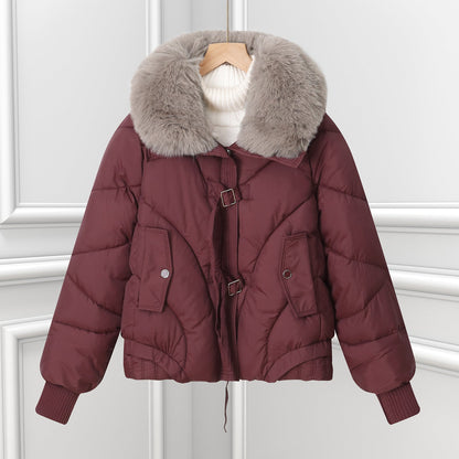Damen Winter Steppjacke mit großem Fellkragen Kurz Wattierte Jacke