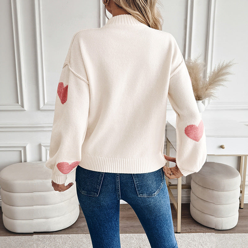 Damen Strickpullover Creme mit Rosa Herzmuster Hoher Kragen