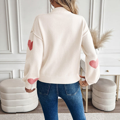 Damen Strickpullover Creme mit Rosa Herzmuster Hoher Kragen