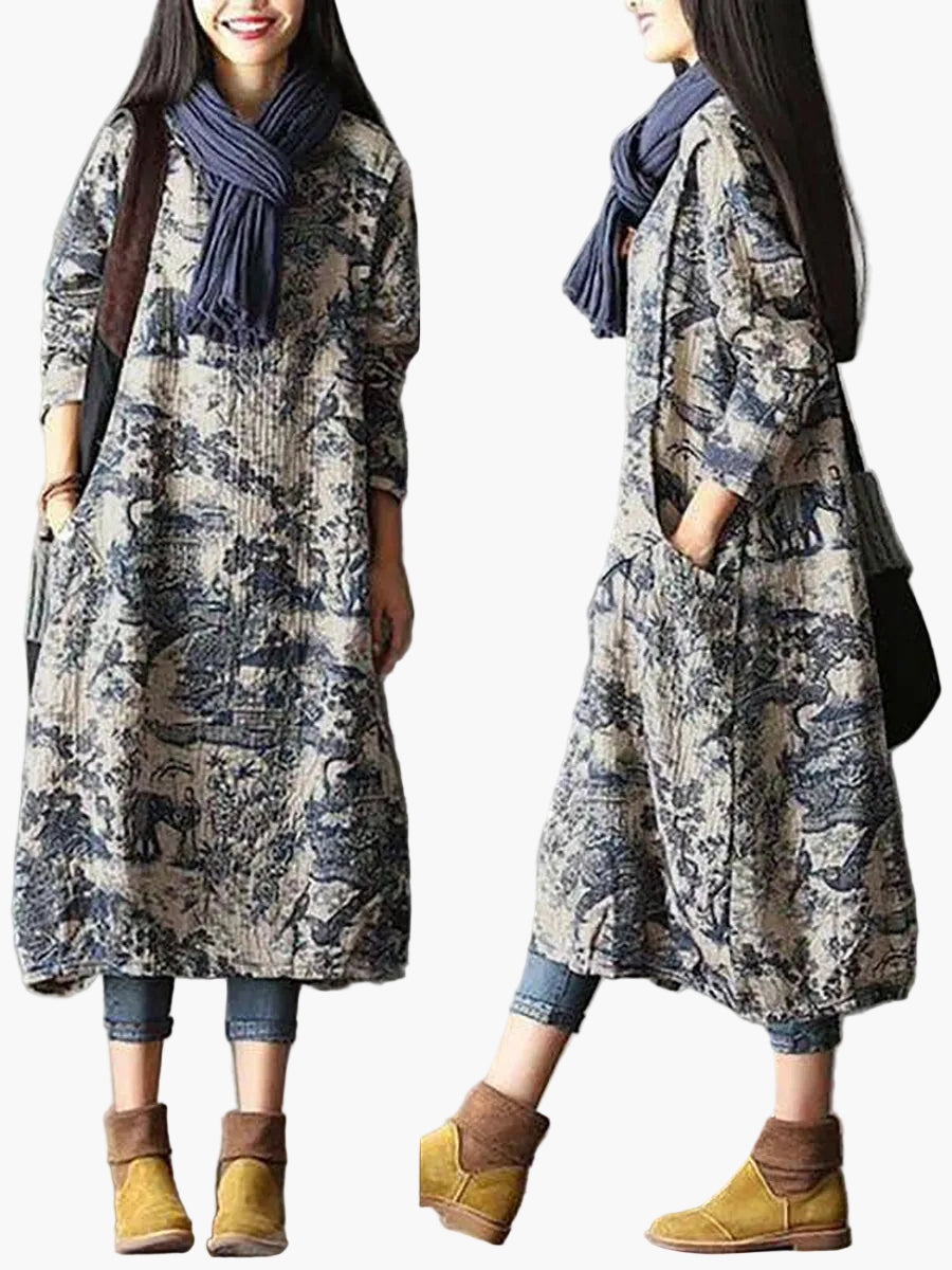 Damen Boho Maxikleid Langarm Herbst Winter Vintage Casual