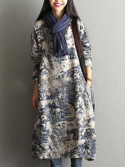 Damen Boho Maxikleid Langarm Herbst Winter Vintage Casual