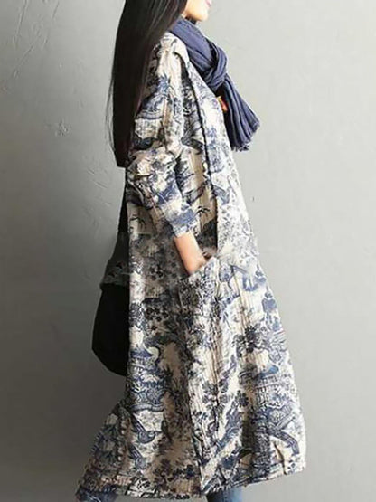 Damen Boho Maxikleid Langarm Herbst Winter Vintage Casual