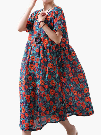 Damen Sommerkleid Locker Freizeitkleid mit Blumenmuster und Taschen, Midikleid für Alltag und Urlaub