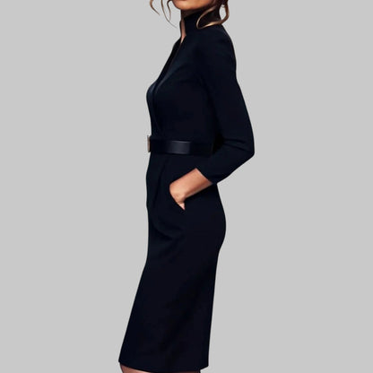 Damen Etuikleid Midi mit Gürtel – Elegantes Business- & Abendkleid mit Stehkragen