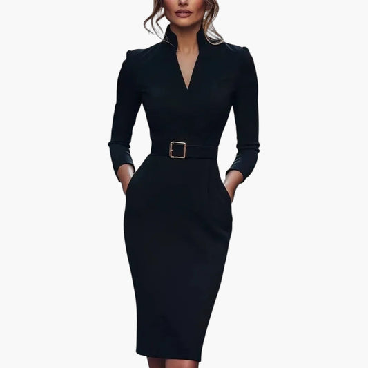 Damen Etuikleid Midi mit Gürtel – Elegantes Business- & Abendkleid mit Stehkragen