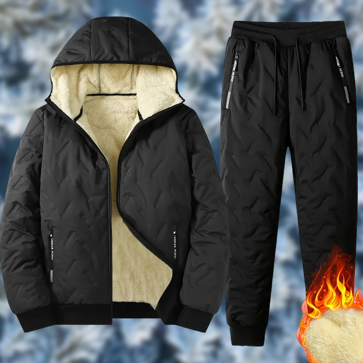 Stepp-Trainingsanzug für Herren, Winter Outdoor Set, Kapuzenjacke & Hose, gefüttert
