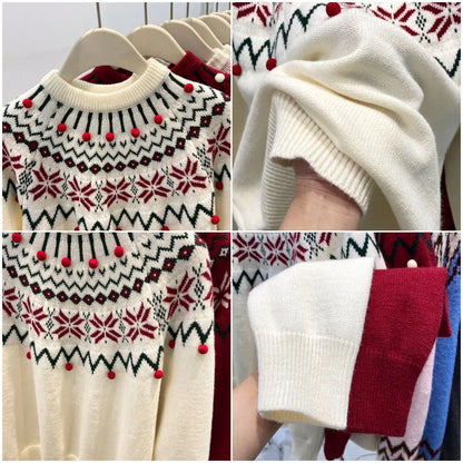Damen Pullover Fair Isle Muster Zopfstrick Optik Rot Creme