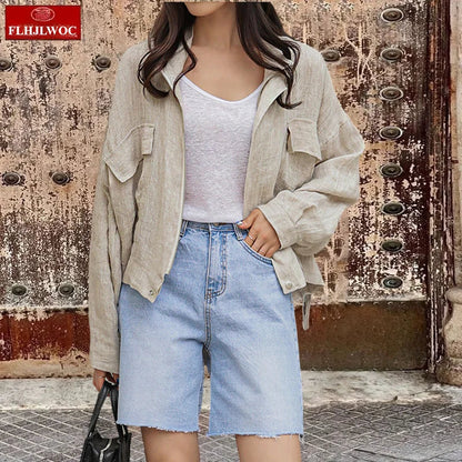 Damen Leichte Jacke Beige mit Stehkragen & aufgesetzten Taschen