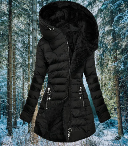 Damen Steppmantel Schwarz mit Kapuze und Reißverschlüssen, warmer Wintermantel