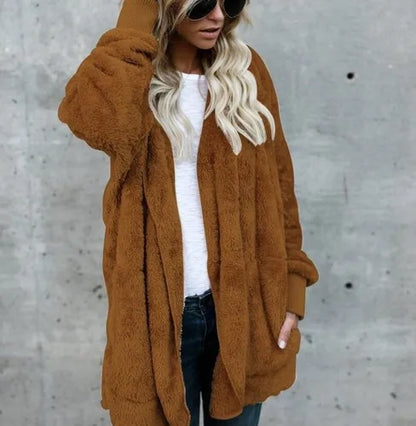 Damen Kuscheliger Teddyfell Cardigan Langarm Offene Vorderseite