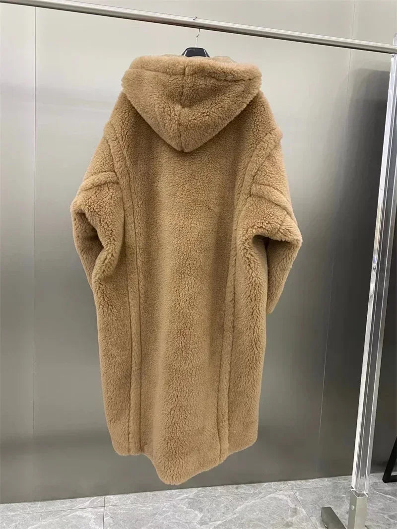 Damen Teddyfell Mantel lang mit Kapuze und Handschuhen