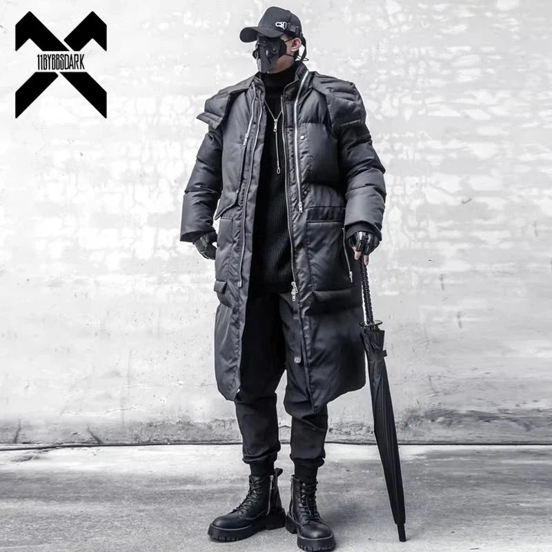 Unisex Langer Steppmantel Schwarz mit Kapuze Reißverschlüssen Winter