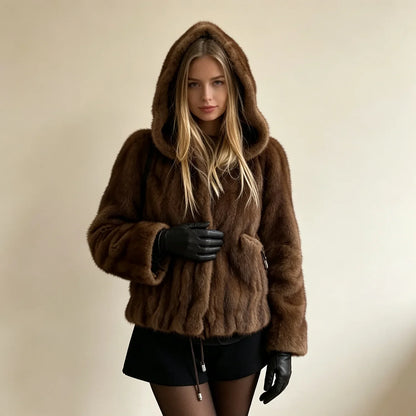 Kurze Damen Kunstpelzjacke mit Kapuze, Dunkelbraun