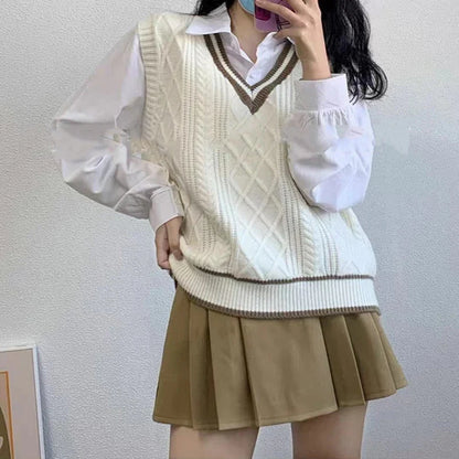 Strick Weste Damen V-Ausschnitt Zopfmuster College-Stil Ärmelloser Pullover