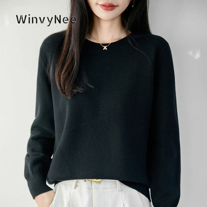 Damen Pullover Rundhals Langarm Strickpullover mit Textur