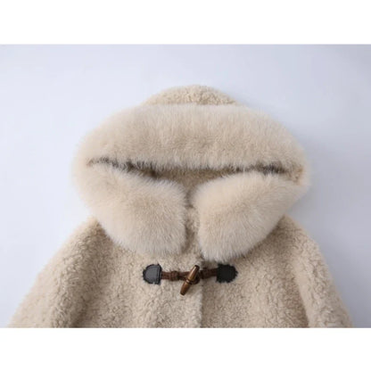 Damen Dufflecoat im Teddy-Look mit Kapuze und Fellkragen Beige