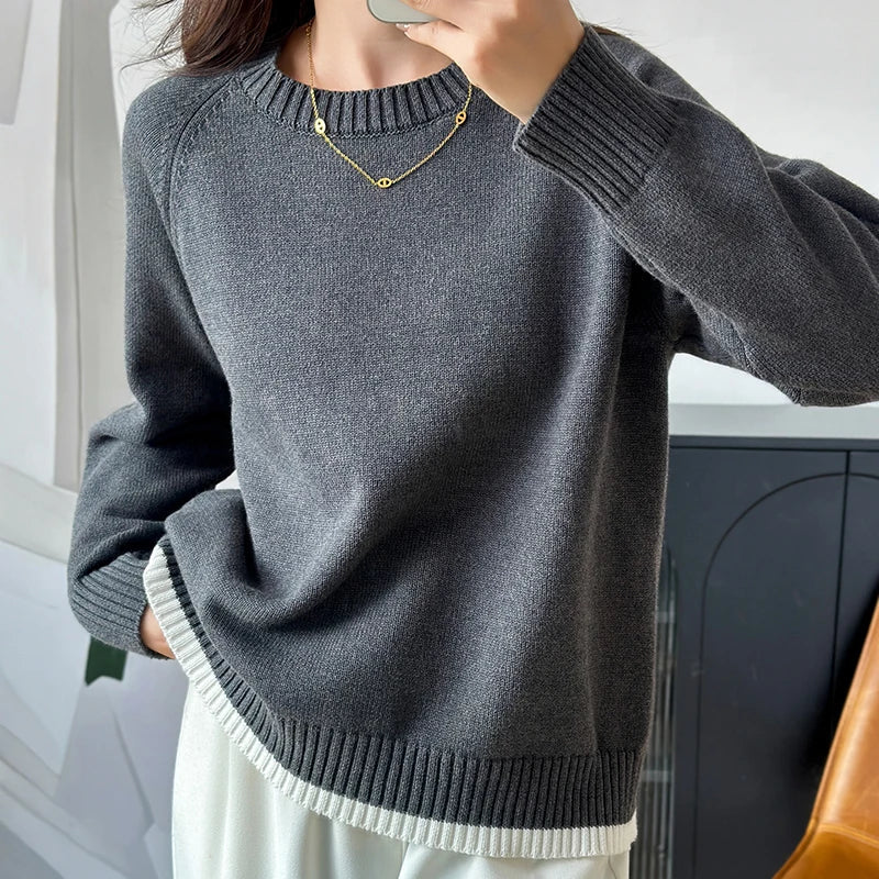 Damen Pullover Rundhalsausschnitt Langarm Strickpullover Rippbündchen