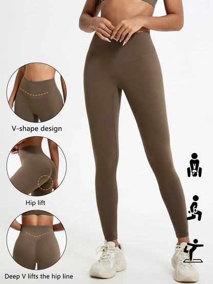 Damen Sport Leggings Hochbund V-Design Bauchkontrolle Yoga Fitness Hose