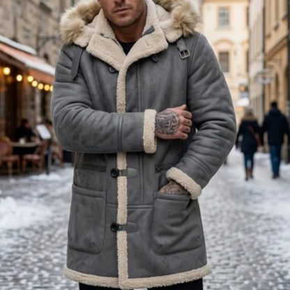 Herren Winterjacke mit Kapuze Pelzimitat Futter Lang Wintermantel Grau