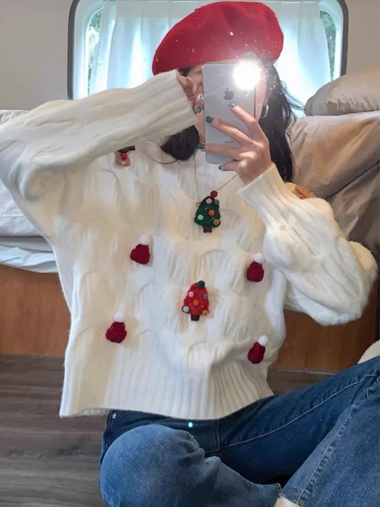Damen Weihnachtspullover mit Zopfmuster & festlichen Applikationen – Weihnachten Strickpullover