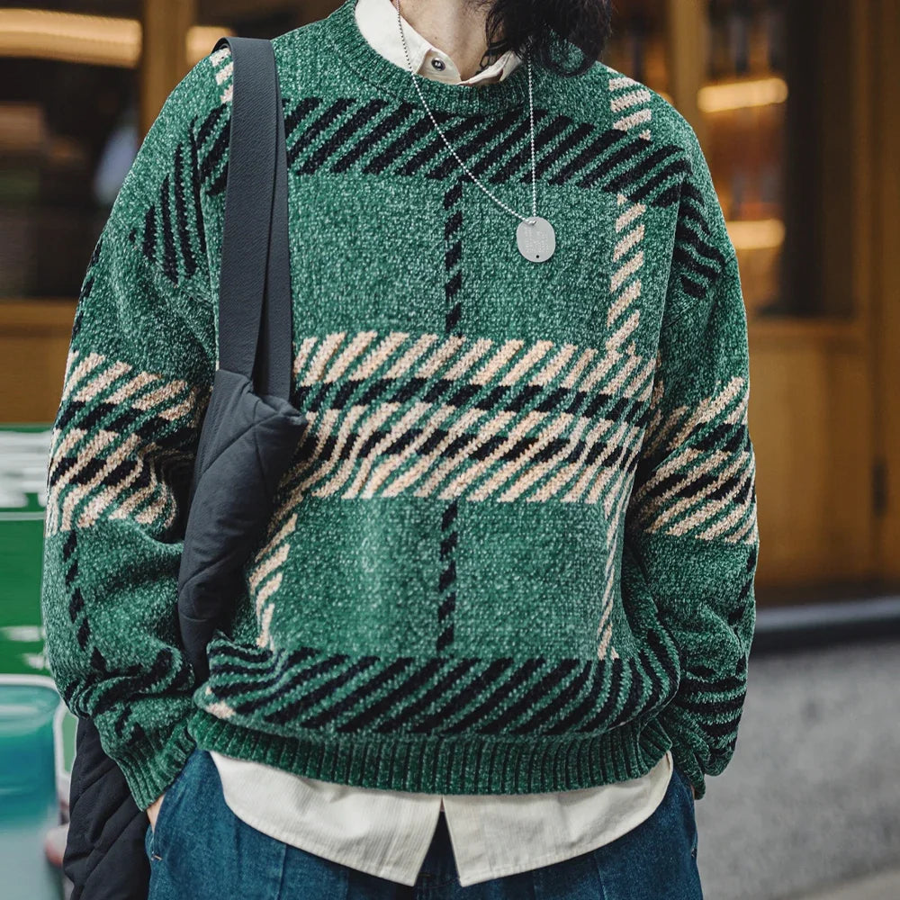Herren Plaid Pullover Rundhals Braun Winter