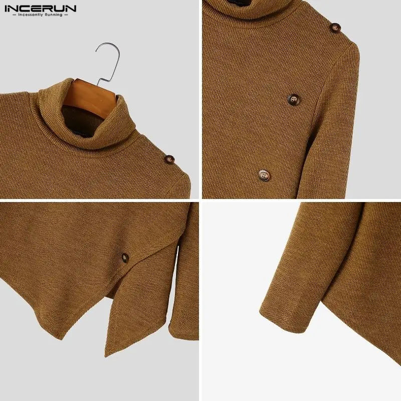 Herren Rollkragenpullover Asymmetrischer Saum Knöpfe Langarm Strickpullover