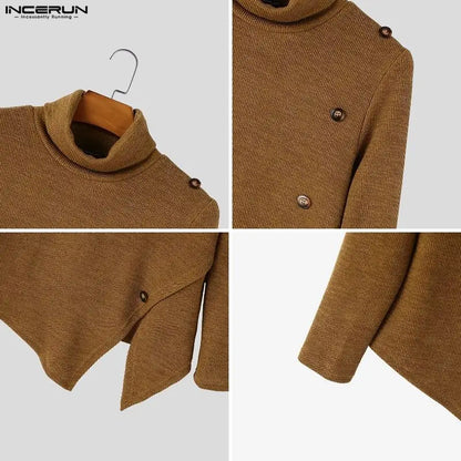 Herren Rollkragenpullover Asymmetrischer Saum Knöpfe Langarm Strickpullover